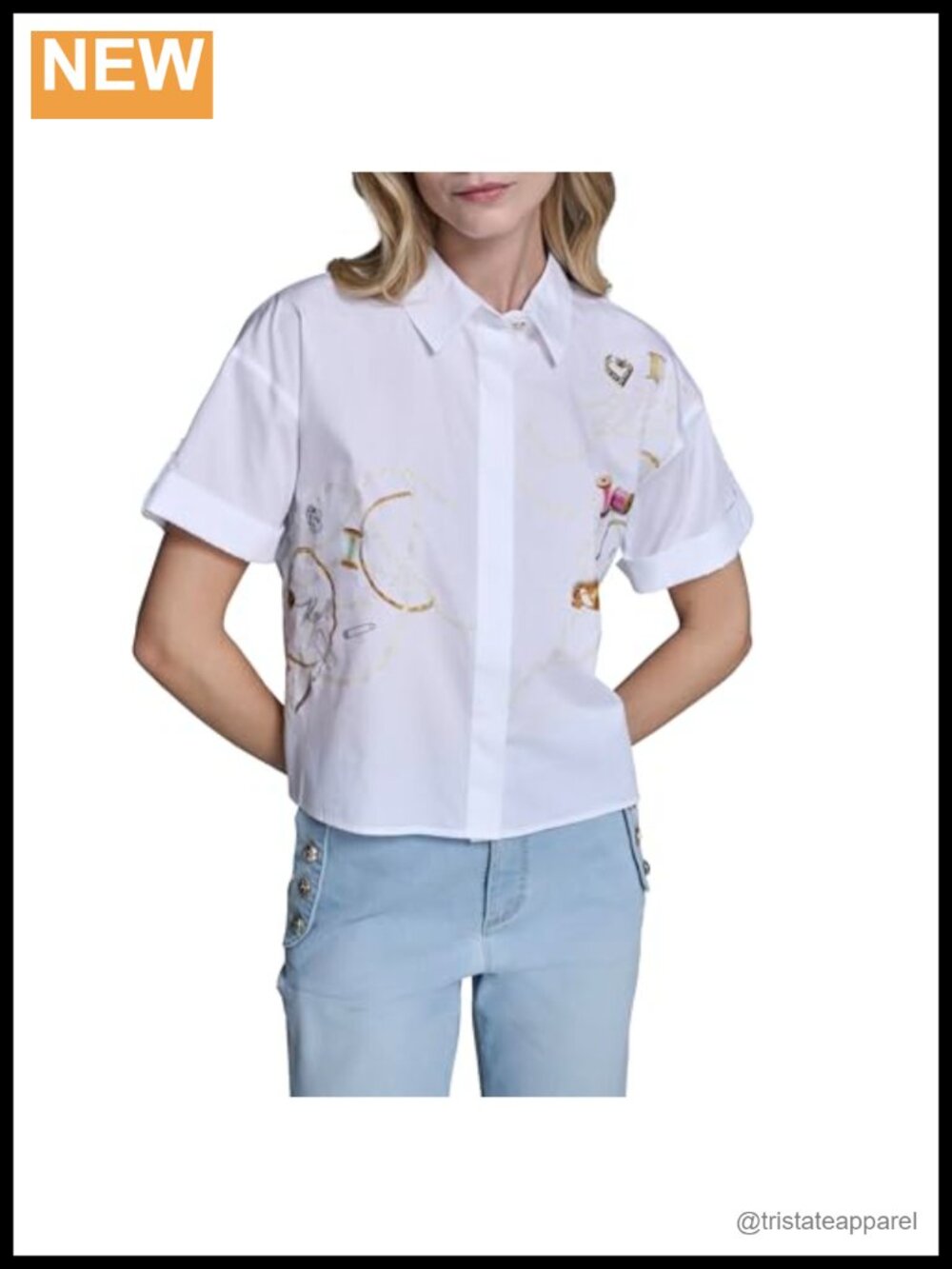 Whimsical Sewing Scenes Cotton Blouse Relaxed Fit Cap Sleeve